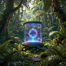 Epic artwork of a luxurious jungle with a quantum computer in the middle of it, backlit photorealistic render, cycles render