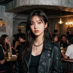 photograph of a techwear mixed young woman inside a hidden busy speakeasy, closeup, brutalist design, sigma 85mm f/1.4, 4k, depth of field, high resolution, 4k, 8k, hd, full color