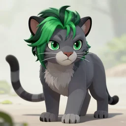 grey anthropomorphic panther with green and black hair in zoomania, artstation, hyperrealistic, anime