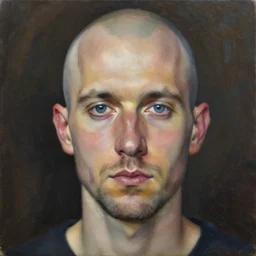 portrait of a bald guy with stubble, blue eyes, by alexandra manukyan, suzy schultz, oil painting, visible brushstrokes, rim light