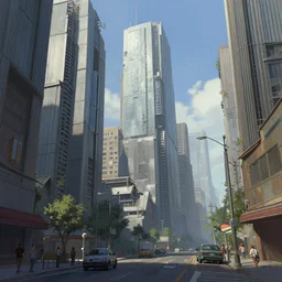A professional digital painting of a street-level view of a far-future city, haphazard corrugated metal skyscrapers, by Greg Rutkowski and James Gurney, trending on Artstation