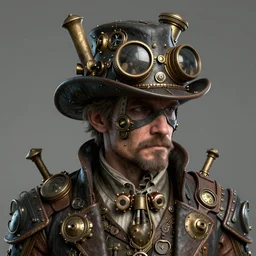 a steampunk man, aged 4 0, wearing a steampunk hat made of junk, photo realistic, octane render, trending on artstation