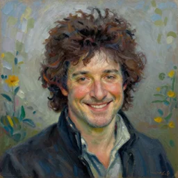 bob ross smiling way to big with a giant hairdo, in an impressionist painting style, trending on artstation