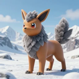 a beautiful electric type pokemon, brown dog with fluffy grey feathers, full body shot, highly detailed digital art, 3 d perspective, award - winning illustration, aesthetic, epic, smooth, pokemon style, made by greg rutkowski, with snowy mountain landscape in the background