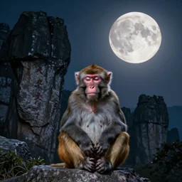 photo of a meditating monkey on a chinese stone forest at night with the giant moon begind,