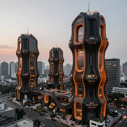 inner - city filled with generative design innovative survival pod buildings, biomechanical design, black and orange colour palette, generative design structure, intricate details, archviz