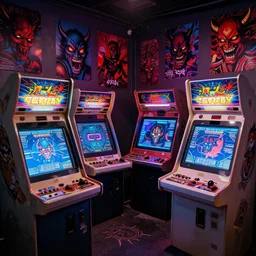 grimey japanese retro arcade filled with satanic arcade cabinets, demonic, 9 0's gaming, satanic