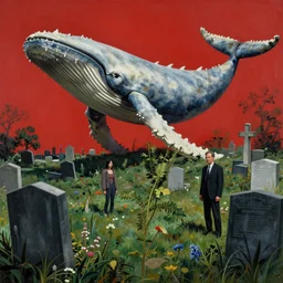 war in the cemetery of london edward hopper and james gilleard, zdzislaw beksinski, by greg rutkowski, exotic vegetation, tristan eaton, victo ngai, vibrant red background, whale skeleton, a still from the film alien, hyperrealism