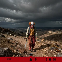 infra - red trail camera footage showing a clown walking with a knife