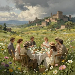a tea party in a field of flowers that ravages the landscape of an ancient civilization. by Ciryl Rolando, hyperrealistic illustration, digital art, studio lightning, art station