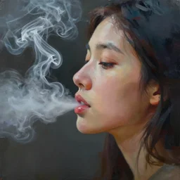 profile side view of the lips of a young filipino woman, smoke is coming from her mouth, surrounded by thick swirling smoke, by conrad roset, long paint brush strokes, dramatic lighting, abstract painting trending on artstation