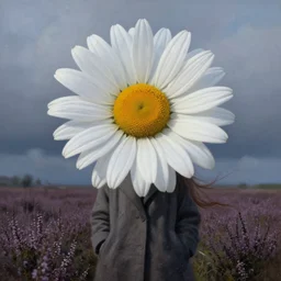 portrait, gigantic daisy flower head, girl wearing a coat in a heather field, surreal photography, wind and cold, dramatic sky, impressionist painting, digital painting, artstation, simon stalenhag