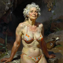 A beautiful oil painting of a pretty old lady in a bikini  by Lucas Graciano, Frank Frazetta, Greg Rutkowski, Boris Vallejo, epic, fantasy, character art, high fantasy
