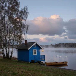 small blue wooden cottage by the lake, lanterns on the porch, smoke coming out of the chimney, dusk, birch trees, tranquility, misty, swans on the lake, a singular fishing on wooden rowing boat, cumulus clouds, by charlie bowater, by greg rutkowski