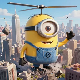huge giant yellow minion, destroying megapolis with skyscrapers and creating chaos, helicopter view, archive vhs, 8 0 s, old video, perfect composition, golden ratio, beautiful detailed, photorealistic, smooth, sharp focus, octane render, unreal engine