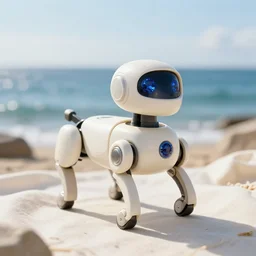 young robot dog in a sunny oceanic landscape made of ivory and fabric, beautiful natural soft rim light intricate sapphire
