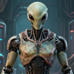 symmetrical, robot torso, faded colors, exotic alien features, cyber background, tim hildebrandt, wayne barlowe, bruce pennington, donato giancola, larry elmore, masterpiece, trending on artstation, featured on pixiv, zack snyder, cinematic composition, beautiful lighting, sharp, details, hyper detailed, 8 k, unreal engine 5