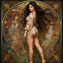 cute assamese woman with a beautiful face and eyes, long hair, wearing a flowery romper, long legs, fantasy, intricate, full body shot, sexy, highly detailed, digital painting, artstation, concept art, wallpaper, smooth, sharp focus, realistic photo by artgerm and greg rutkowski and alphonse mucha