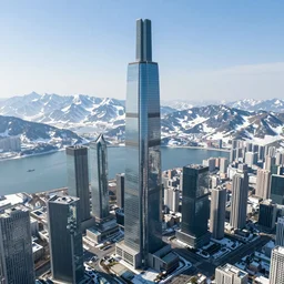 massive sky scrapper city, glass buildings, on a high mountain, lakes and snowy mountains