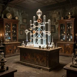 a vast and dusty old creepy mad occult alchemist's lab test tubepetri dish interconnected glass tubes backlit, walls lined with apothecary cabinets, curiosities and retired sideshow attractions