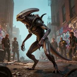 , highly detailed portrait of a reptilian alien stalking through an urban neighbourhood at night, scales and fur, long thick lizard tail, by atey ghailan, by greg rutkowski, by greg tocchini, by james gilleard, by joe fenton, by kaethe butcher, gradient light blue, brown, cinematic lighting and epic composition, menacing vibe, grunge aesthetic!!! ( ( graffiti tag wall background ) )
