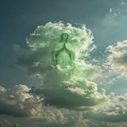 wide angle sky with greenish virgin mary cloud in center