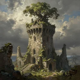 Painting of the overgrown ruins of a wizard's tower. A tree grows out of the ruined roof of the tower. Fantasy art.