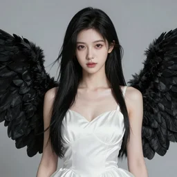 A high fantasy demon girl with jet-black hair, the face of a goddess, wearing a pure white dress and a pair of black wings, by Artgerm, face close up, official media, beautiful, detailed, high quality, 4K, epic, trending on artstation and behance