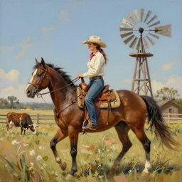 a painting of a cowgirl riding her horse with texas wooden windmill in background, in the style of casey baugh and ed binkley, digital art
