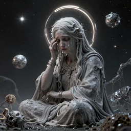Concept art of a Universe's celestial GOD, is crying in tears and is very sad and sorrow , after creating humans, ,octane render, retro,