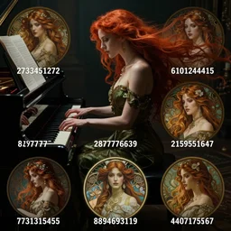 a Photorealistic dramatic fantasy render of Elesky, the Streamer, a beautiful redhaired woman playing the piano by WLOP,Artgerm,Greg Rutkowski,Alphonse Mucha, Beautiful dynamic dramatic dark moody lighting,shadows,cinematic atmosphere,Artstation,concept design art,Octane render,8K The seeds for each individual image are:  [2733451272, 610124415, 69977207, 2877776639, 415651647, 3894693119, 3731315455, 777011455, 2407175167]