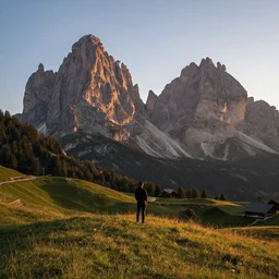 the most beautiful photo landscape of the dolomites, there is a person watching the sunset, the photo was taken by max rive, matte painting, golden hour, 4 k, 8 k, cinematic composition, cinematic lighting, hd, highly detailed, trending on artstation, super resolution, masterpiece, international photography awards winner