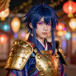 colorful and Festive Captivating teenager boy with straight indigo japanese hair, purple eyes, red eye markers, wearing japanese traditional combat clothes with golden armor pieces. rich vivid colors, ambient lighting, dynamic lighting, 4k, atmospheric lighting, painted, intricate, highly detailed by Charlie Bowater