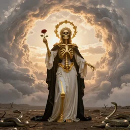 female golden skeleton saint character in a full body virgin pose wearing white and black victorian robe with an aureola made of golden cactae over the head and holding a rose, with warm backlight.  background: whirlpool of clouds forming an angelic circle. sunset light. beneath there's a barren land with serpents. apocalyptic. low angle. rembrandt style