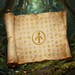 magical medieval scroll containing myriad gold inlay symbols and sigils and one a single punisher emblem. background jungle
