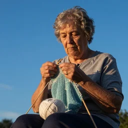 knitting grandma, blue sky, summer evening, kenton nelson