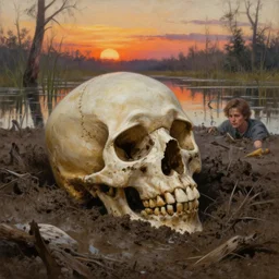 a detailed and accurate masterpiece painting of a skull burried in mud in a swamp at sunset, sharp detail, by tyler edlin, noah bradley, john j. park, jordan grimmer trending on artstation