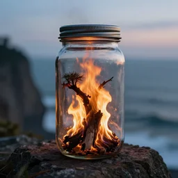 tree burning inside a glass jar, standing on a cliff, bokeh, ocean in the background, metal lid, dramatic lighting, hyperrealistic, volumentric lighting, highly detailed