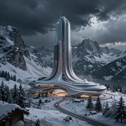 futuristic atmosphere in the snowy mountains dolomites 3 d concept art, neon lights, cinematic lighting, rule of thirds, depth of field, intricate details, building by zaha hadid, stormy weather, emissary space by arthur haas and bruce pennington and john schoenherr, cinematic matte painting, dark moody colors, trending on artstation, featured on behance