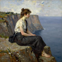 a painting of a woman sitting on a cliff, a character portrait by clyde caldwell and tom bagshaw, cg society, fantastic realism, official art, 1 9 9 0 s, academic art