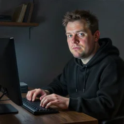 Caricature portraits done of Colossaliscrazy wearing a black hoodie and typing in a dark room on a computer late at night, realistic, hyperrealistic, very realistic, highly detailed, very detailed, extremely detailed, detailed, oil painting, digital art, trending on artstation