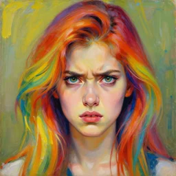 a young woman with beautiful rainbow hair. she looks very angry. beautiful painting by artgerm and greg rutkowski and alphonse mucha lois van baarle