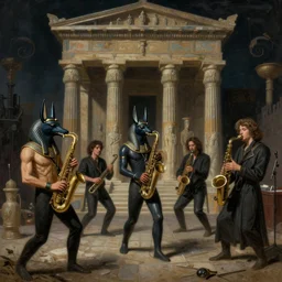 jazz band in the temple of horus, by dave dorman hieronymus bosch, cyril rolando, esher and natalie shau, whimsical, profound, impossible, dark, atmospheric, brooding, digital painting, intricate.