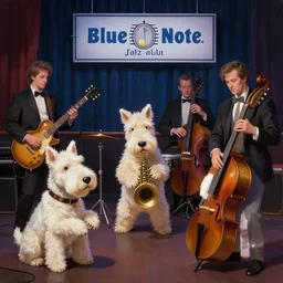 photo of anthropomorphic westie jazz band performancing at blue note jazz club, digital painting, artstation, illustration, concept art, smooth, sharp focus, art by john collier and albert aublet and krenz cushart and artem demura and alphonse mucha