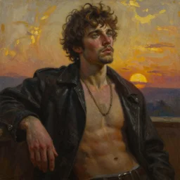 gaten matarazzo by leroy neiman, intricate, ultra detailed painting, atmospheric lighting, golden hour
