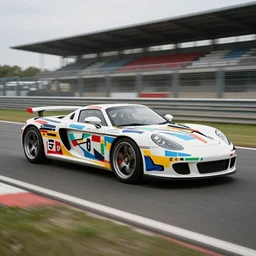 a picasso pattern color porsche 9 1 1 carrera gt le mans in shape of silvia rocket bunny edition, race track background, long shutter speed, retro style, modern car design, 8 k resolution, hasselblad photo