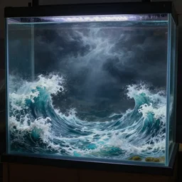 a dark stormy sea in an aquarium, large waves, miniature, fantasy concept art, digital painting, oil painting, hyperrealistic, highly detailed