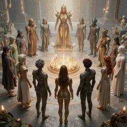 love, diverse cybersuits, from behind, rebirth rituals, wide angle, elaborate, highly detailed, beautiful lighting