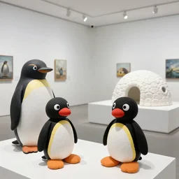 pingu, pingi, pingg and Robby visit an art gallery, clay sculptures, sculptures of penguins, white gallery, igloo, contemporary art, photorealistic