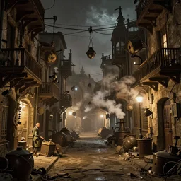 steampunk city streets at night by guido borelli da caluso, junk everywhere, wires hanging, steam, trending on artstation, no yellow